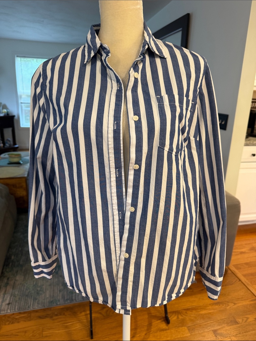 GAP Navy and White Vertical Stripe Button-Up Blouse